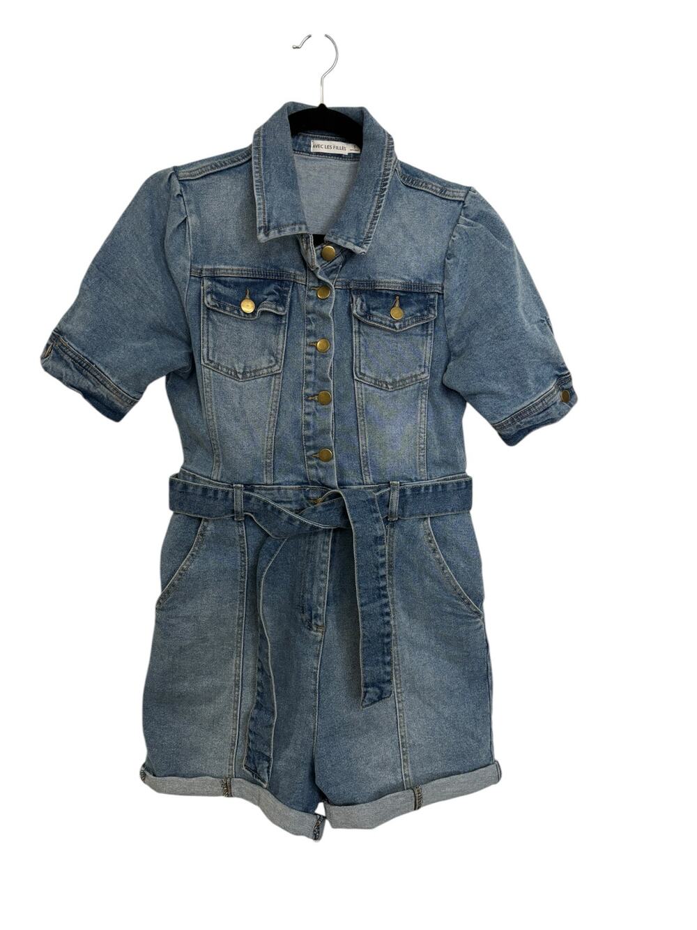 Avec Les Filles Denim Romper Womens Small Blue Short Sleeve Belted Button Front